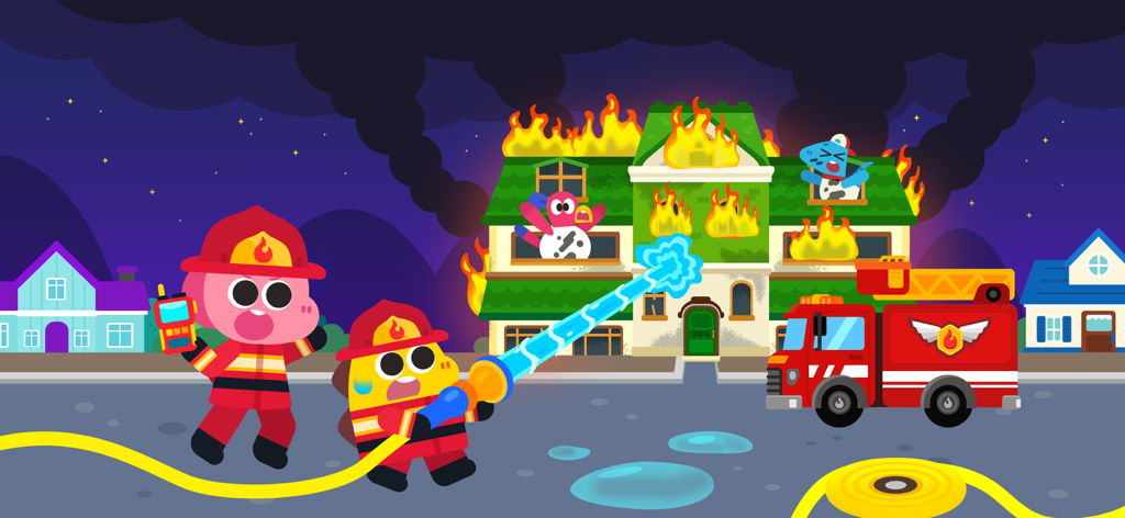 Dos lindos dinosaurios con uniformes de bombero usando una manguera de agua para apagar un incendio en una casa junto a un camión de bomberos rojo.