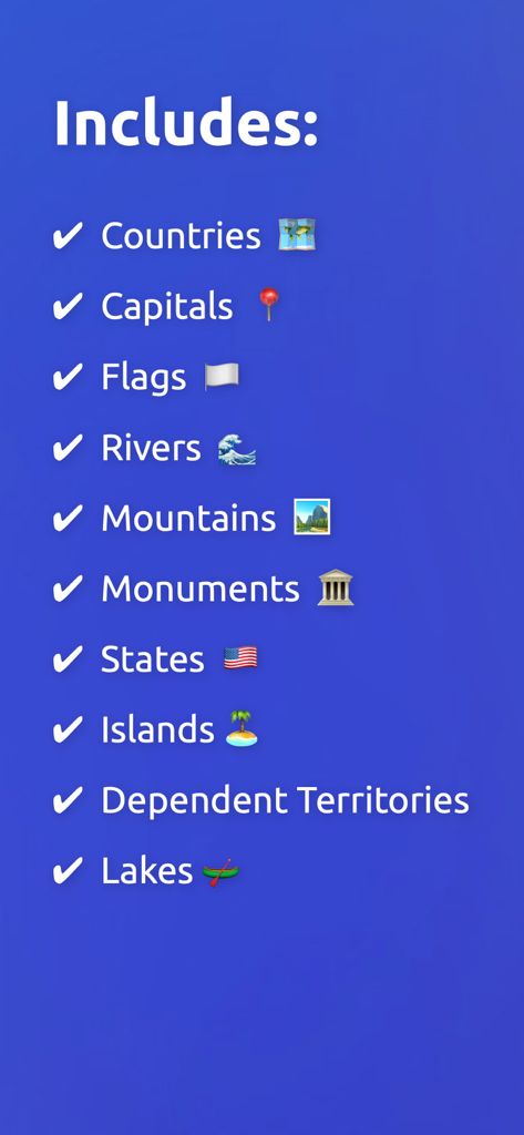 GeoExpert+ World Geography Map - Una lista vertical de temas geográficos incluidos en la aplicación GeoExpert, como países, capitales, banderas, ríos y monumentos, con marcas de verificación.