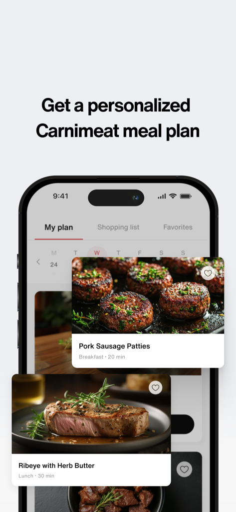 Carnimeat - Interfaz de la aplicación móvil para Carnimeat que muestra un plan de comidas personalizado con recetas ricas en proteínas para salchichas de cerdo y filete de res.