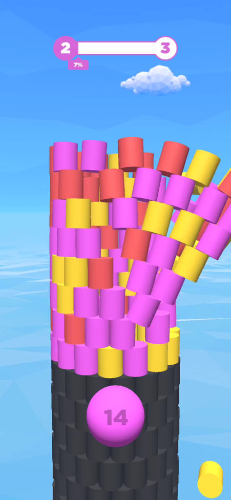 Tower Color - Hit and crash! - A pink ball hitting a 3D tower of colorful blocks in the Tower Color mobile game.