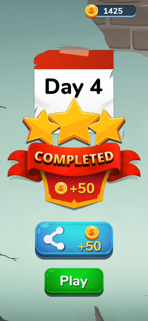 Word Fables - Prison Break - Pantalla del juego Word Fables Prison Break mostrando el Día 4 completado con tres estrellas y recompensas de monedas.