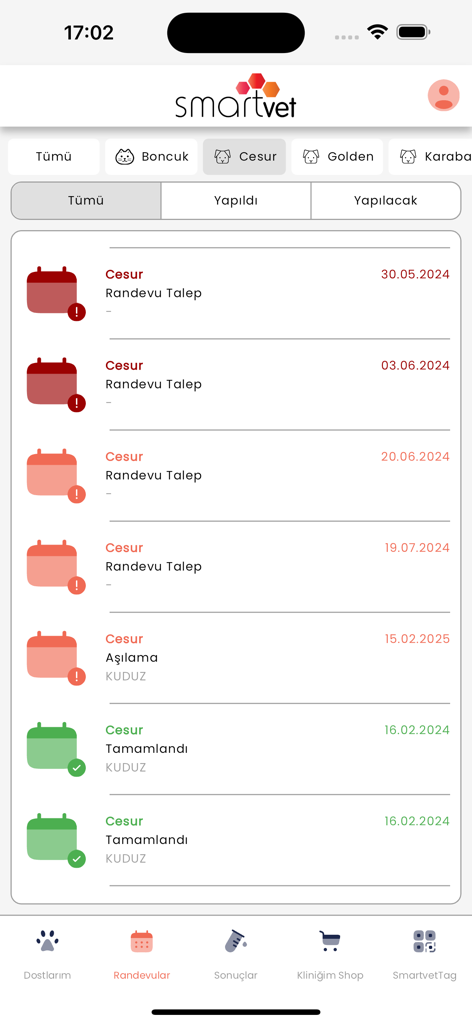 A list of pet vaccination and appointment records in the SmartVET mobile application.
