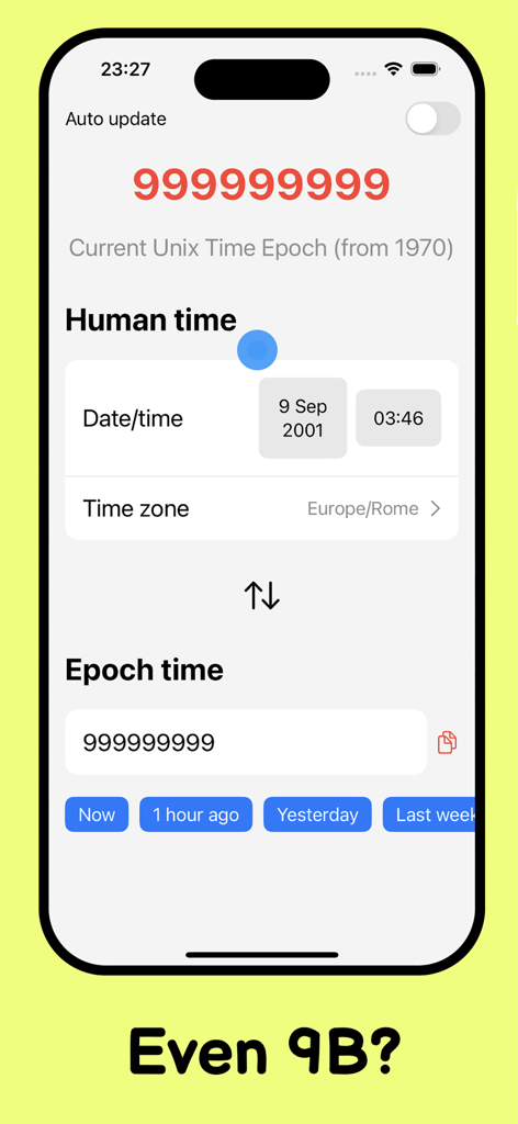 CUTE app interface showing conversion of a large Unix timestamp into a human readable date and time
