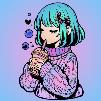 manga girl drinking boba in cozy sweater
