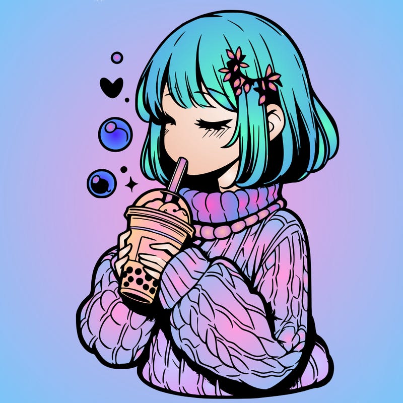 manga girl drinking boba in cozy sweater