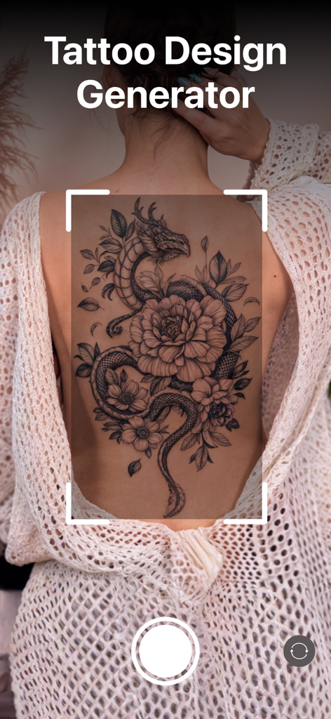 AR visualization of a large dragon and floral tattoo on a person back using the AI Tattoo Generator Maker.