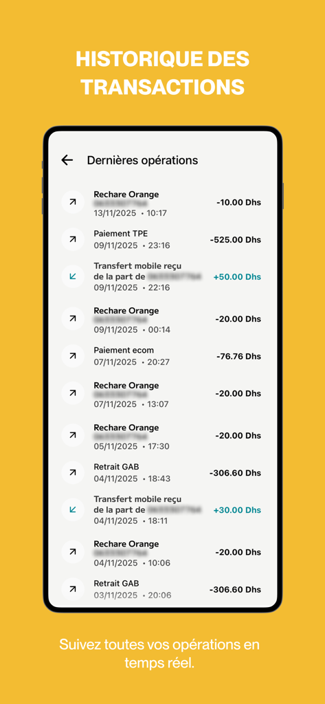 Un écran de smartphone affichant une liste des transactions récentes et des opérations financières dans l'application de portefeuille mobile Cash Plus.