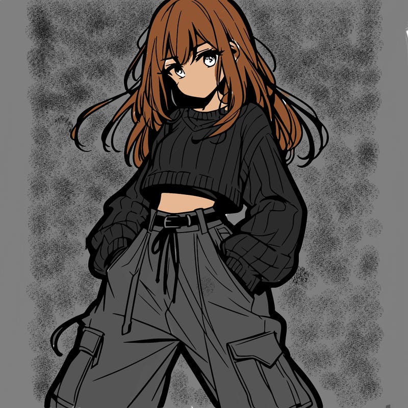 anime teen girl with baggy pants and crop top with sweater