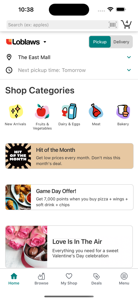 L'écran d'accueil de l'application PC Express affichant les catégories d'épicerie et les offres spéciales.