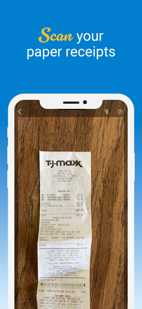 Scanning a paper receipt with the CoinOut mobile app