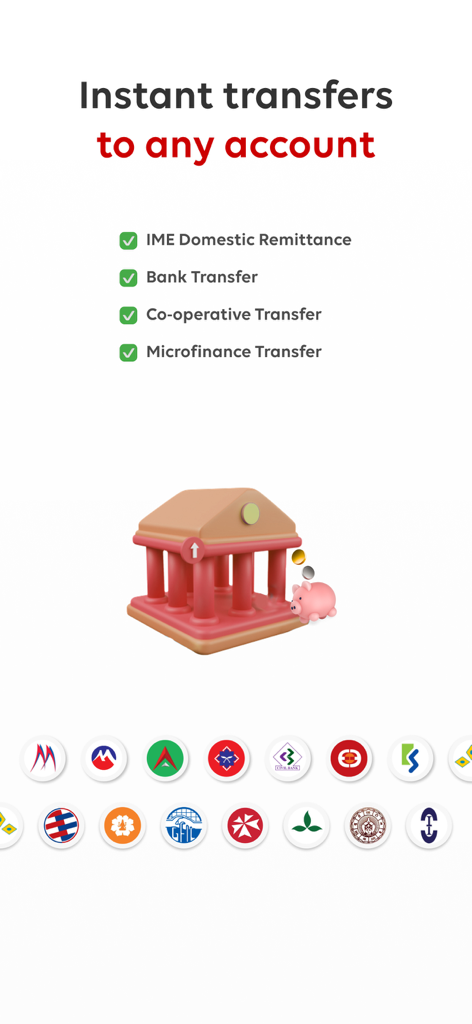 IME Pay app screen showcasing instant transfer options to various bank and financial accounts in Nepal