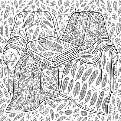 Immerse yourself in a world of feathered friends and cozy comforts with this intricate avian-themed coloring page. Discover an armchair adorned with beautifully patterned blankets, showcasing delightful birds, delicate feathers, and charming botanical elements.