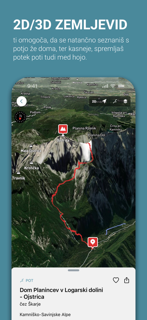 APPEAK - APPEAK app interface showing a 3D topographic map with a red hiking trail route on a mountain