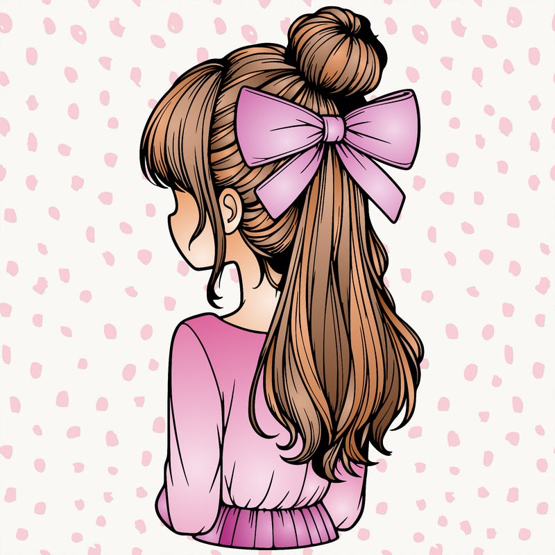 realistic girl  with hip length hair a bun and a big bow on the back of head