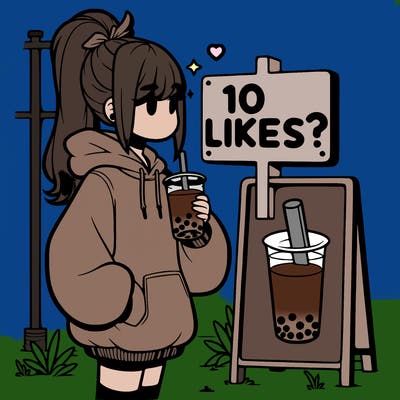 girl with oversized hoodie drinking boba and she has a high ponytail with a sign that says 10likes?