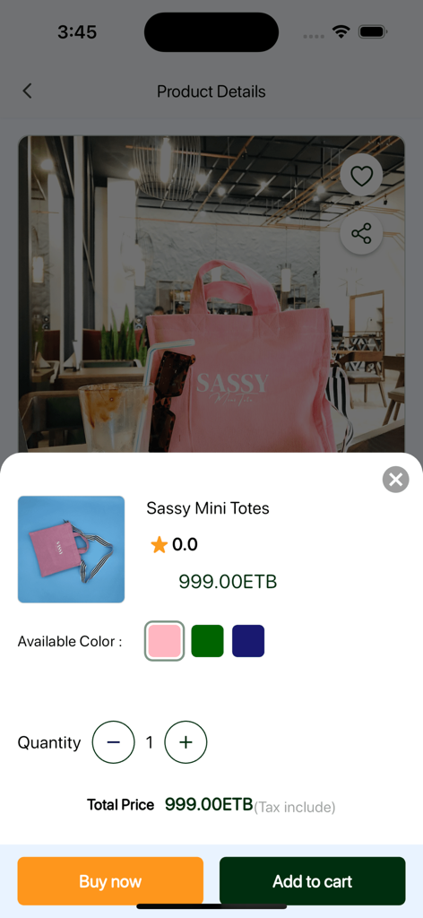 Gojo Shop - Página de detalles del producto para un bolso Sassy Mini Tote en la aplicación Gojo Shop que muestra el precio en ETB y las opciones de color.