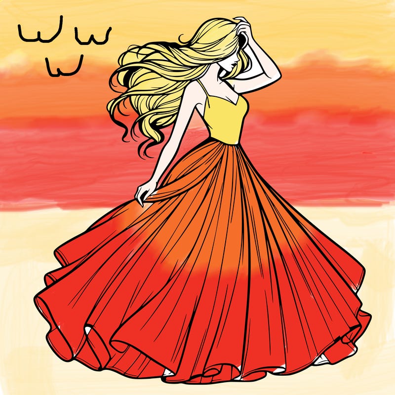 realistic woman with dress flowing in the wind