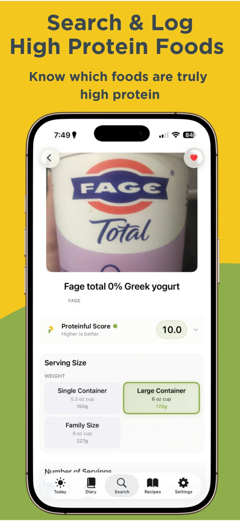 Proteinful: Protein Tracker - Interfaz de la aplicación Proteinful mostrando una entrada de alimento rico en proteínas para yogur griego con una puntuación nutricional perfecta y selección del tamaño de la porción.