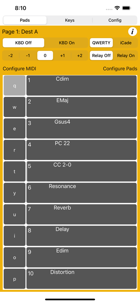 Sidecar MIDI Controller - Sidecar MIDI Controllerインターフェイス。コードやパラメーターをマッピングするために、MIDIパッドがQWERTYキーボードキーにマッピングされている様子を表示。