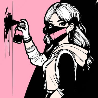 realistic girl with mask spray painting a wall