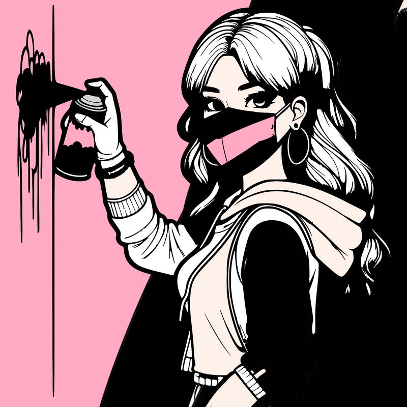 realistic girl with mask spray painting a wall