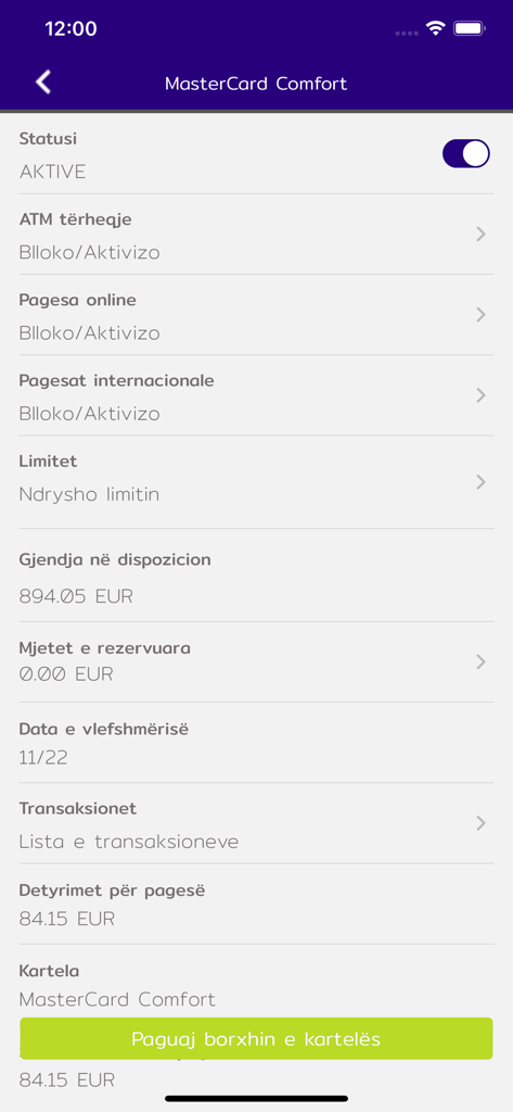 Interface of the mKlik NLB Kosova app showing MasterCard management with balance information and credit card debt payment options
