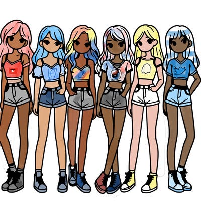 a group of girls wearing crop tops and shorts