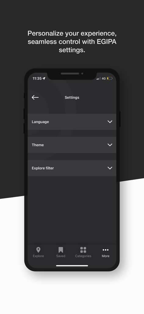 EGIPA - Screenshot della schermata delle impostazioni dell'app EGIPA che mostra opzioni di personalizzazione per lingua, tema e filtri di esplorazione.