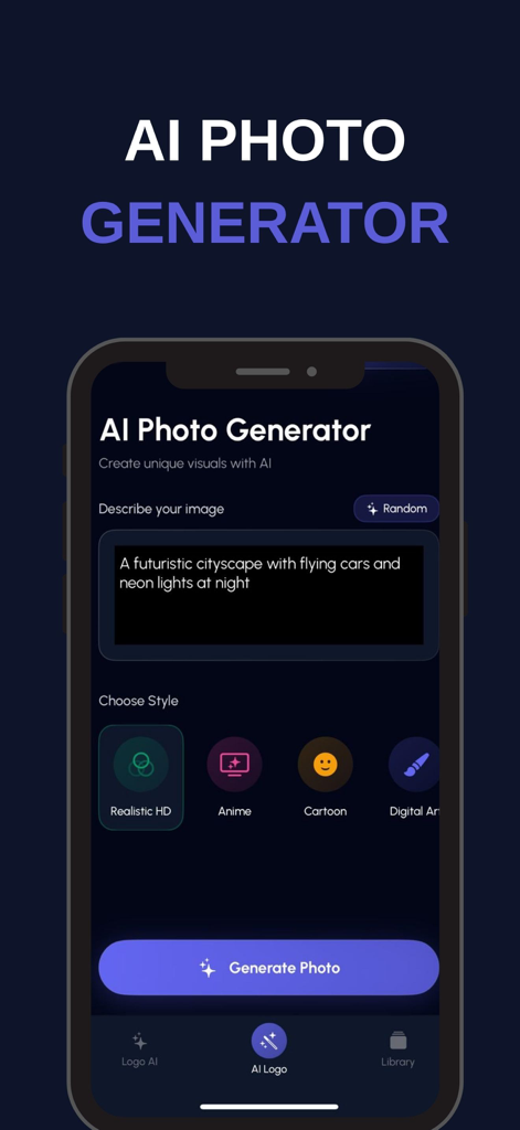 AI Logo & Photo Creator: Logen - Interface of Logen AI photo generator app showing a text prompt for a futuristic cityscape and art style selection.