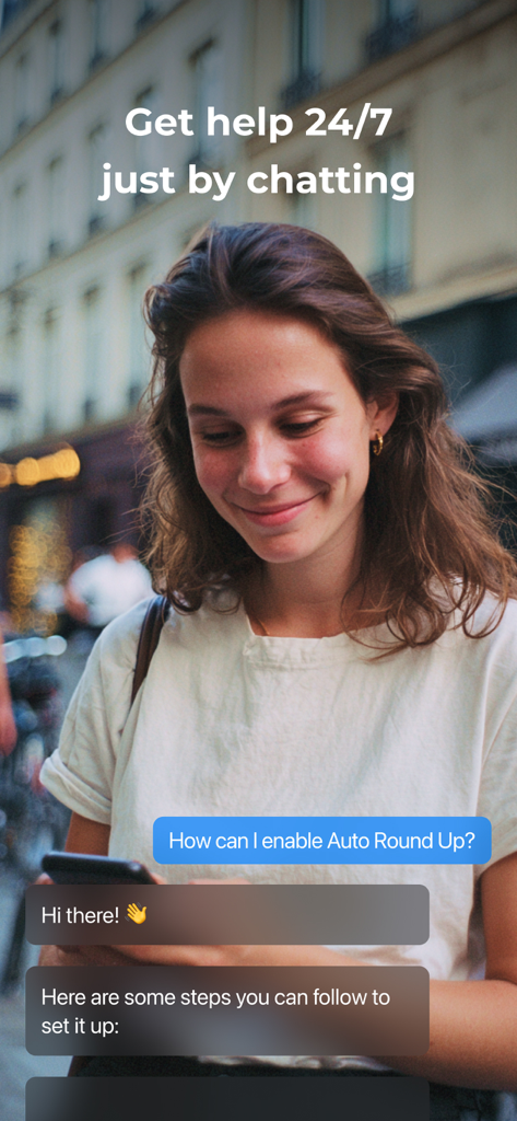 bunq - A woman using the 24/7 chat support feature in the bunq app