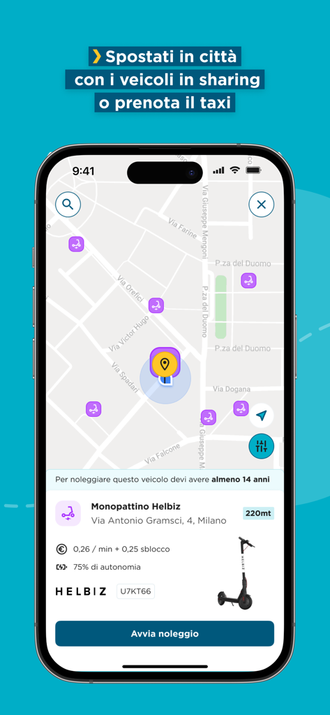 MooneyGo app interface showing a map of Milan with available shared electric scooters
