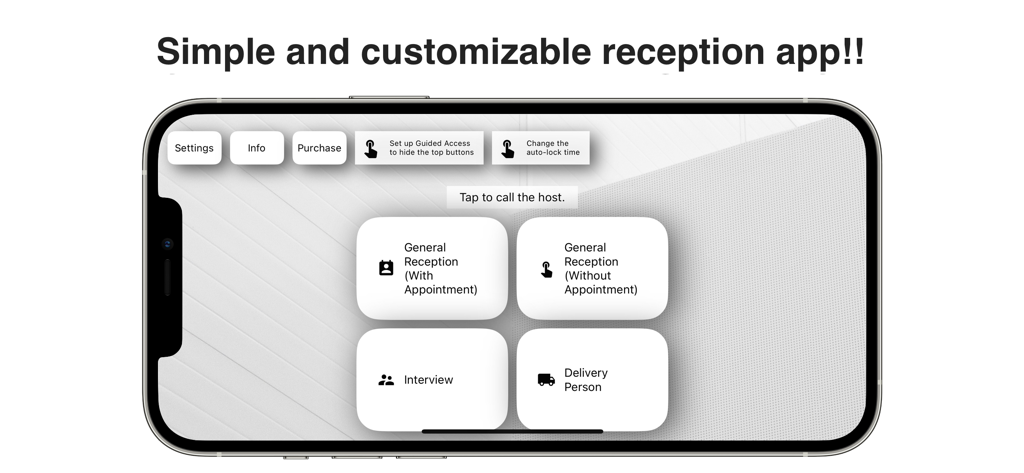 Interface of the Reception App showing customizable buttons for visitor check-in and delivery notifications