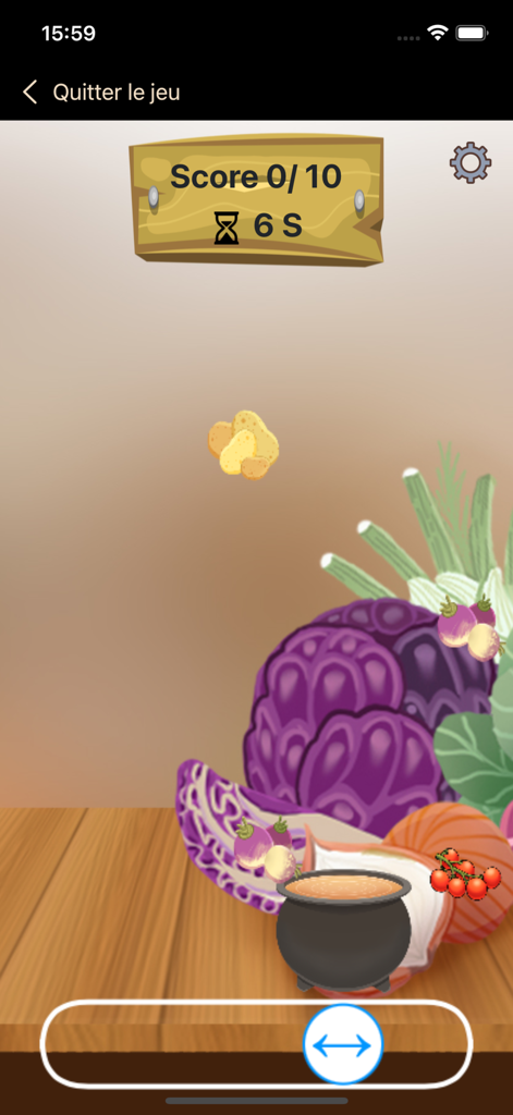 Legendr - History in pocket - A mini game screen from the Legendr app showing a pot catching falling food items with a vegetable background