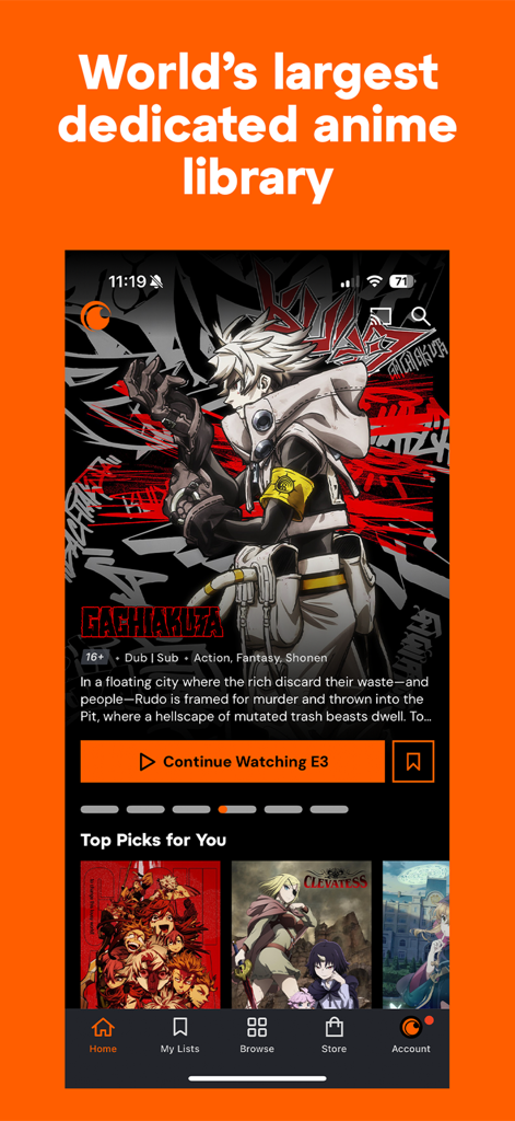 Crunchyroll mobile app home screen featuring the Gachiakuta anime series and personalized recommendations.