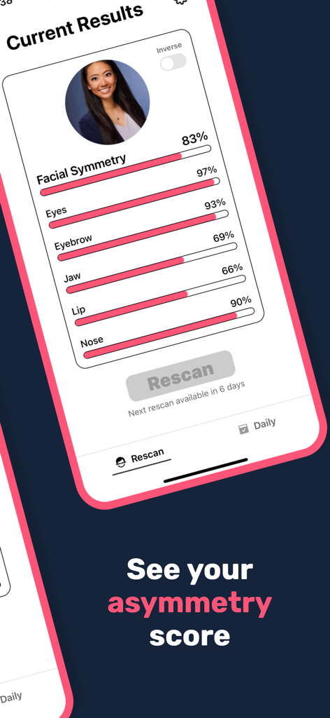 Symmetry AI app screen displaying facial symmetry percentages for eyes jaw and nose