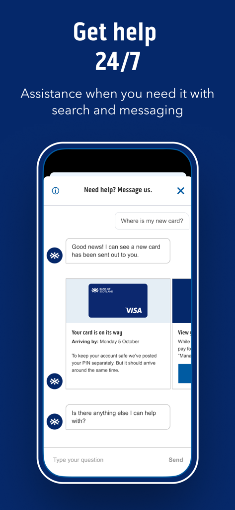 Bank of Scotland Mobile Bank - Bank of Scotland mobile app showing 24/7 in-app messaging and customer support interface