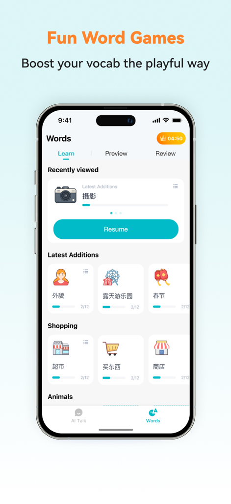 Korean Ai – AI Korean Tutor - Korean Ai app interface showing vocabulary categories and interactive word games for language learners.