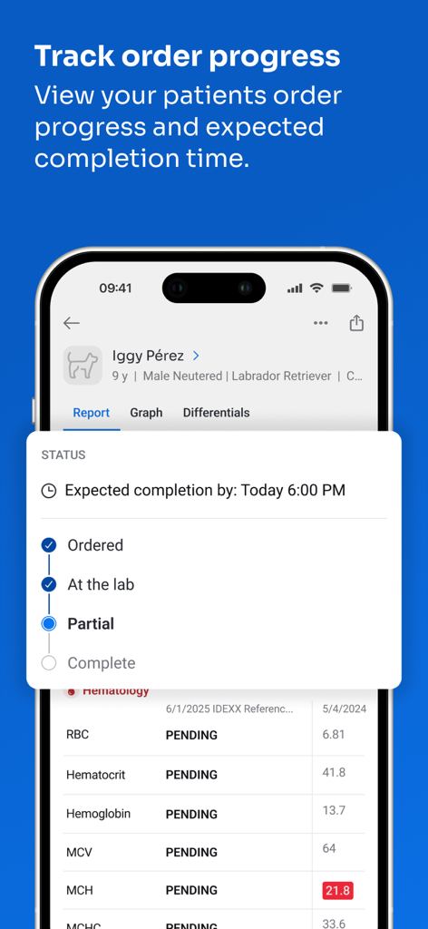 Interfaz de la aplicación IDEXX VetConnect PLUS que muestra el seguimiento en tiempo real del progreso de los pedidos de laboratorio del paciente