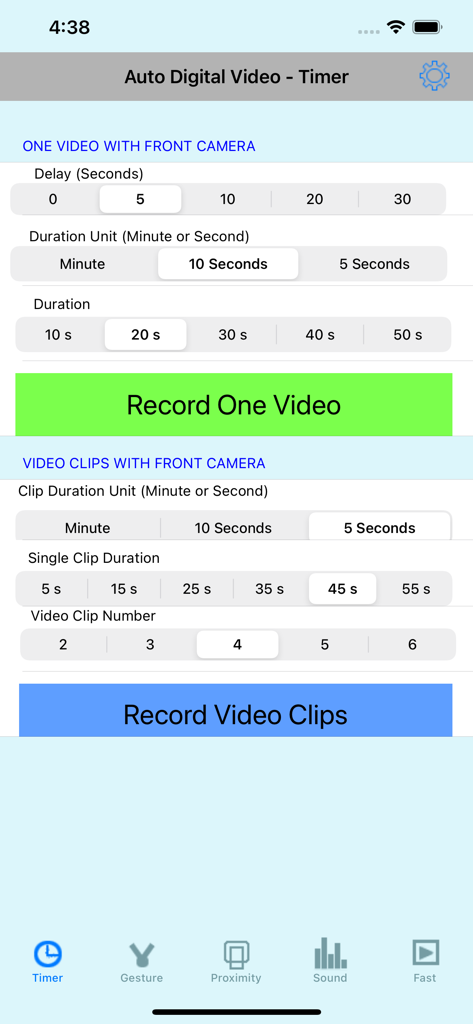 Auto Digital Video - Interface of Auto Digital Video app showing timer settings for automated video and clip recording with the front camera
