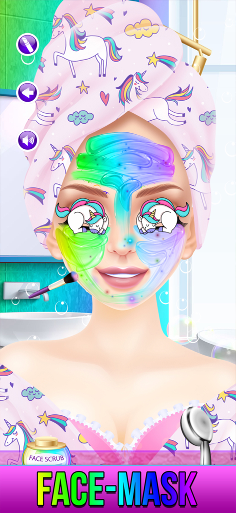 Rainbow Unicorn Candy Salon - Eine Mädchenfigur trägt eine bunte Regenbogen-Gesichtsmaske in einem Einhorn-Themen-Spa-Salon auf.