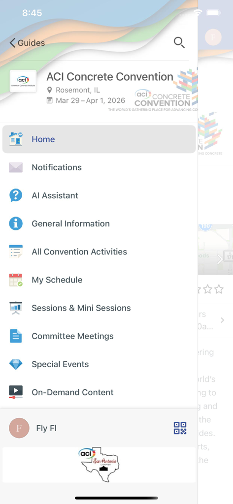 ACI Convention - The navigation menu of the ACI Convention mobile app showing various event features