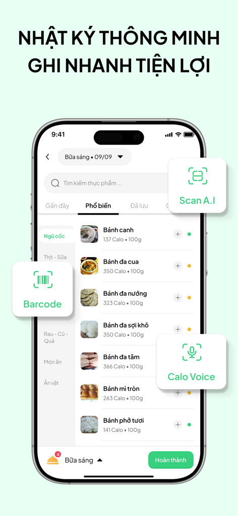 Interfaccia dell'app mobile Eatsy che mostra il tracciamento delle calorie per i piatti vietnamiti con scansione AI e funzionalità di registrazione vocale