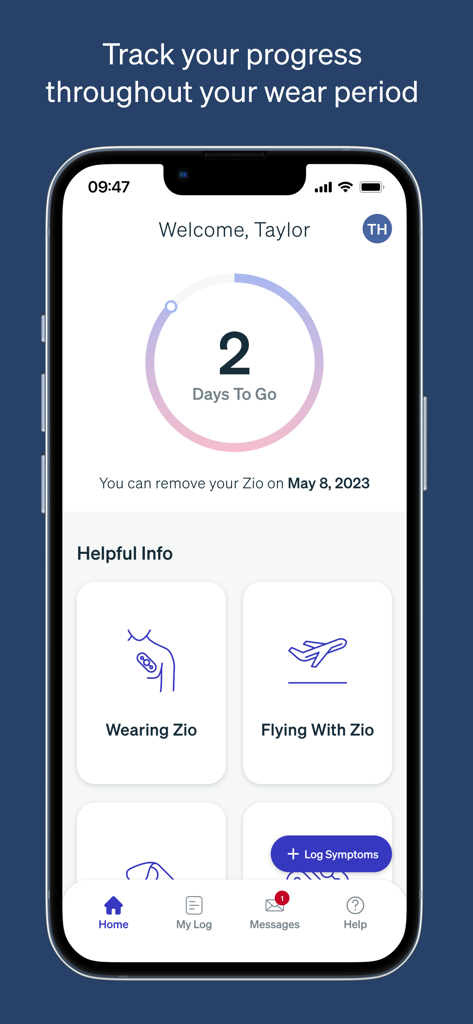 MyZio app dashboard showing a countdown of two days remaining for the ECG monitor wear period and links to helpful medical information.
