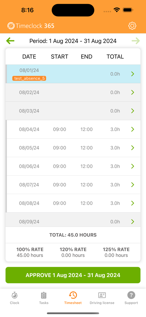 Timeclock 365 Time Tracker - Timeclock 365 mobile app screen displaying a monthly timesheet with logged hours and an approval button.