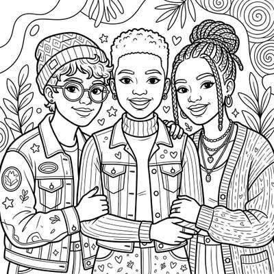 Immerse yourself in the joy of connection with this delightful coloring page featuring a vibrant portrait of three smiling young women. Perfect for artists of all ages, it celebrates friendship and diversity through intricate line art.