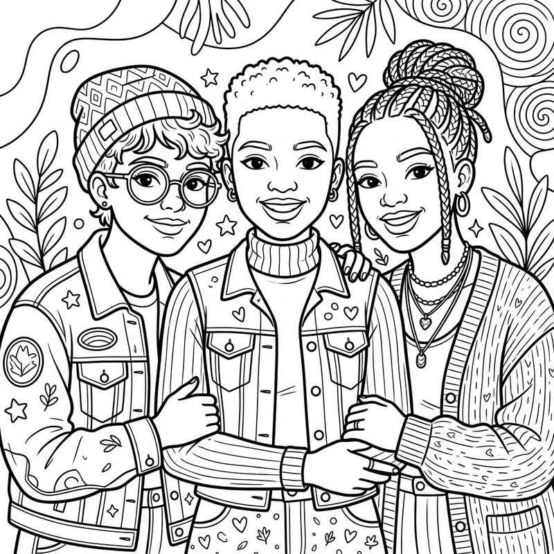Immerse yourself in the joy of connection with this delightful coloring page featuring a vibrant portrait of three smiling young women. Perfect for artists of all ages, it celebrates friendship and diversity through intricate line art.