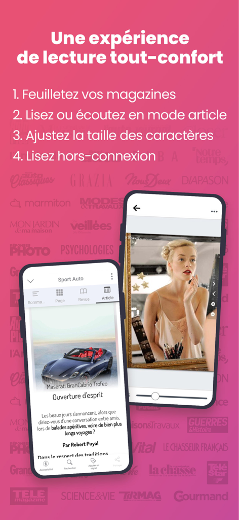 Kiosque Mag - Interface de l'application Kiosque Mag affichant les fonctionnalités de lecture de magazines numériques et le mode article sur les appareils mobiles