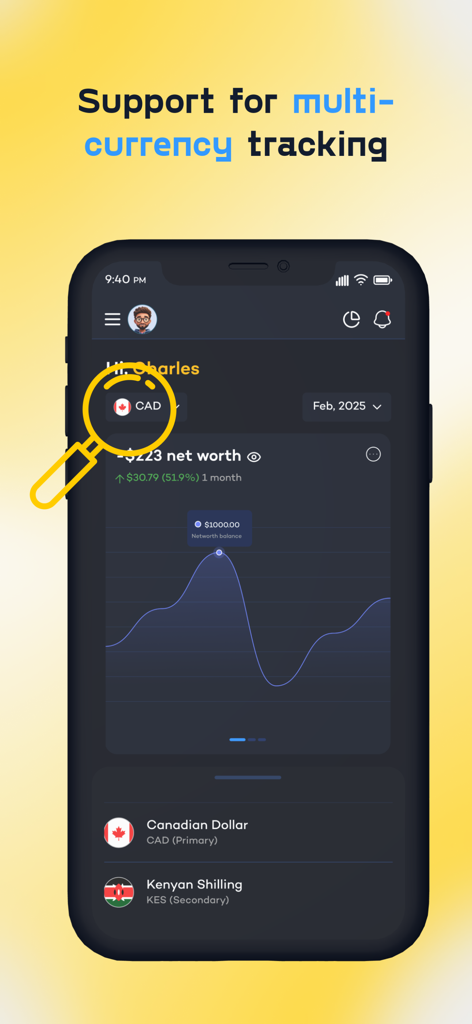 App finanziaria Budgety che mostra il tracciamento multi-valuta e la visualizzazione del patrimonio netto