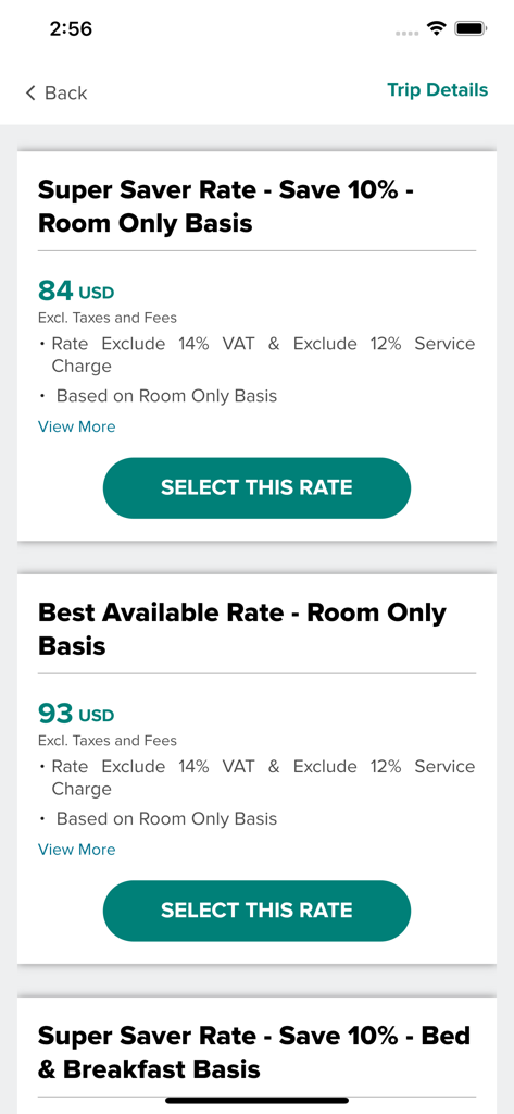 Tela de seleção de tarifas de quarto de hotel no aplicativo JAZ Hotel Group mostrando várias opções de preços para viajantes.