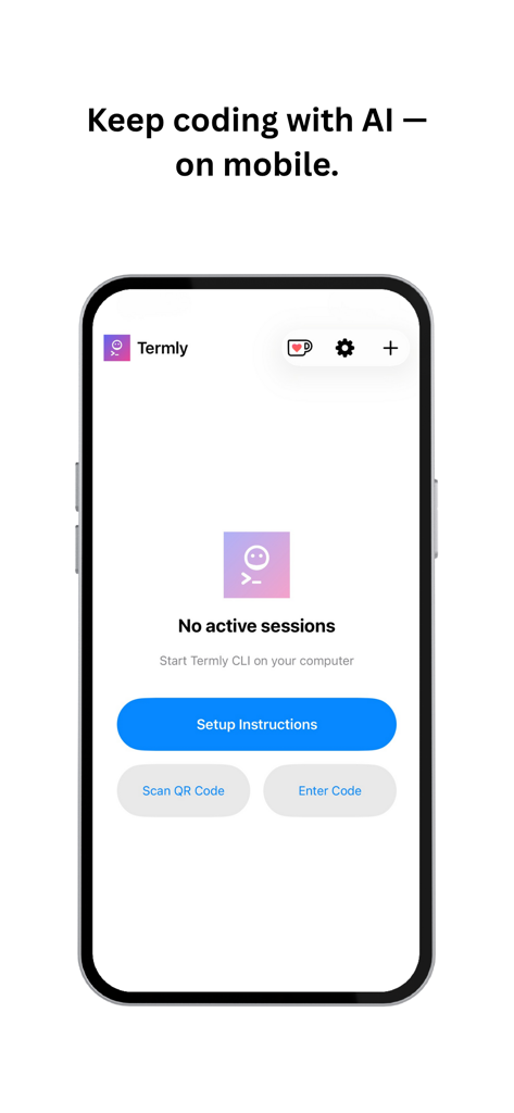 Termly - A interface do aplicativo Termly em um iPhone mostrando a tela de configuração para conectar uma sessão de codificação com IA do desktop via código QR ou entrada manual.